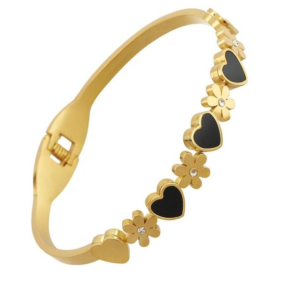 The Unbranded Brand Jewelry - Women Stainless Steel Heart, Black Shell & Flower Cuff Bracelet